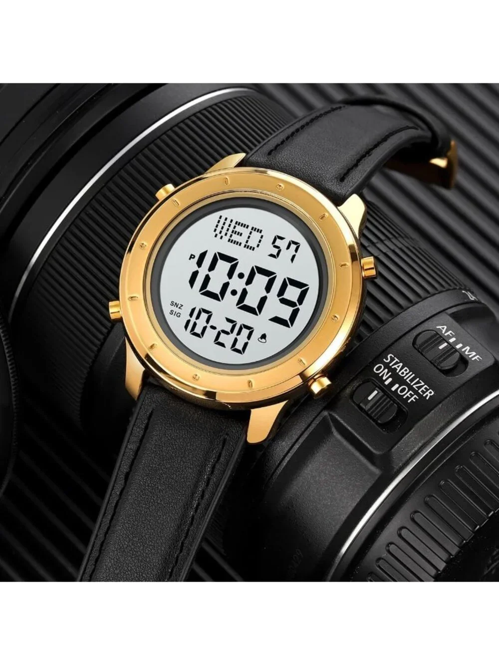 Mens Black Gold Analog Quartz Stainless Steel Waterproof LED Digital Wrist Watch
